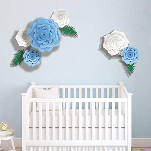 decalmile 6 Piezas Flores de Papel DIY Decoración para Bebés Guardería Niñas Cumpleaños Fondo Boda(Azul, Blanco)