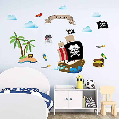 decalmile Barco Pirata Pegatinas de Pared Habitación Infantiles Adhesivos Pared Dormitorio Salón Guardería Niños Bebés Mural Pared Tema Pirata Decoración