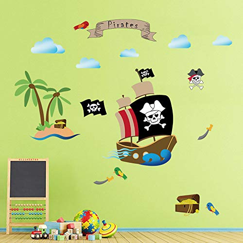 decalmile Barco Pirata Pegatinas de Pared Habitación Infantiles Adhesivos Pared Dormitorio Salón Guardería Niños Bebés Mural Pared Tema Pirata Decoración