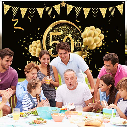 Decoración de Fiesta de Oro Negro de 50 Cumpleaños, Cartel de Oro Negro de Tela Extra Grande para 50 Aniversario Banner de Fondo de Fotomatón, Suministros de Fiesta de 50 Cumpleaños
