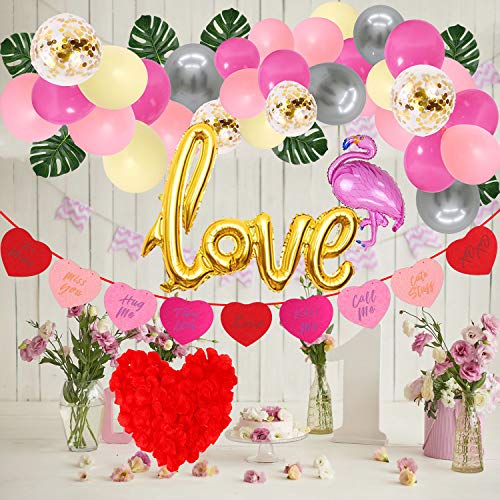 Decoraciones Fiesta día San Valentín,88pz Romántico de Globos de corazón,Guirnalda de Fieltro Banner Decoración Romantica Día de San Valentín Bodas Nupcial Aniversario y Compromiso