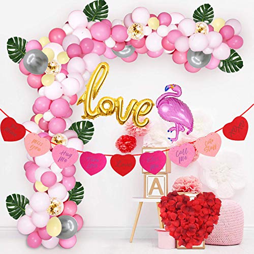 Decoraciones Fiesta día San Valentín,88pz Romántico de Globos de corazón,Guirnalda de Fieltro Banner Decoración Romantica Día de San Valentín Bodas Nupcial Aniversario y Compromiso