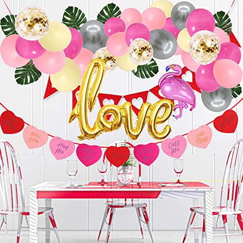 Decoraciones Fiesta día San Valentín,88pz Romántico de Globos de corazón,Guirnalda de Fieltro Banner Decoración Romantica Día de San Valentín Bodas Nupcial Aniversario y Compromiso