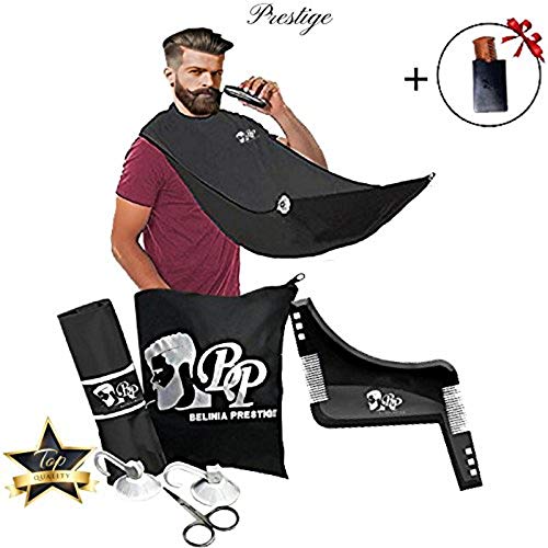 delantal de barba, babero de barba con 2 ventosas + 1 peine de contorno de barba simétrico + 1 peines de barba/bigote y su estuche OFERTAS + 1 bolsa de almacenamiento y 1 par de tijeras (negro)