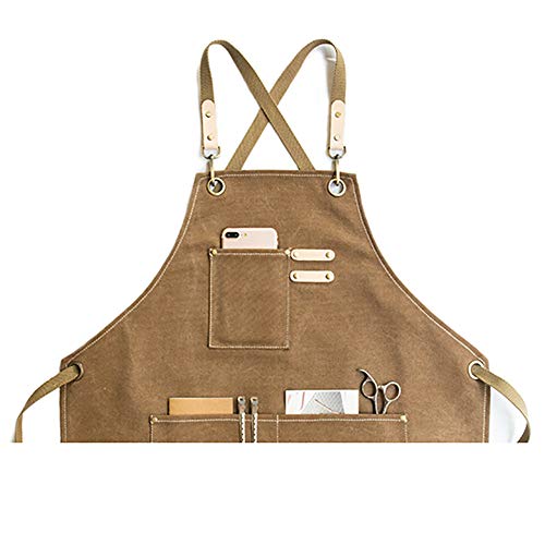 Delantal de trabajo utilitario delantal de lona con correas ajustables para peluquería, cocina, jardinero, cafeshop (Khaki)