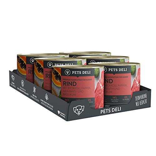 Deli Pets Comida húmeda para Perros 1,2 kg - Pack de 6 | Ternera de Primera Calidad con brócoli, Papaya, Amaranto y albahaca - con 50% de Carne | sin Cereales ni aditivos innecesarios