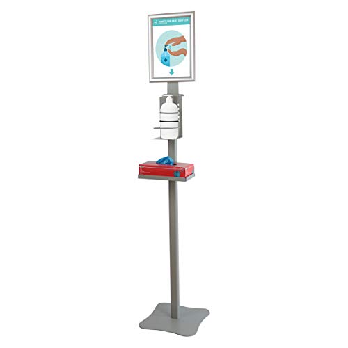 Dispensador de Pie para Gel Hidroalcohólico con Marco A4 y Bandeja para Guantes o Pañuelos - Dispensador de Gel Desinfectante para Comercios y Oficinas