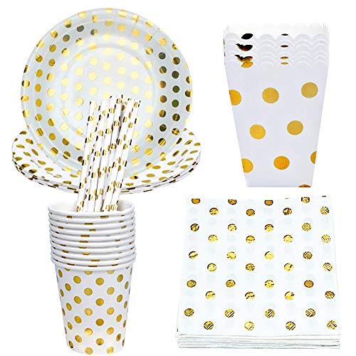 Dorado Vajilla Desechable - YUESEN Adulto Fiesta Infantil Platos y Cumpleaños Vasos de Papel Servilletas Pajitas para Navidad Boda Baby Shower Aniversario para 10 invitados 56 Piezas