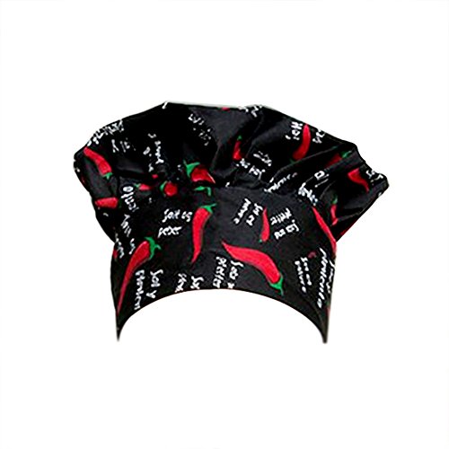 Dosige Chef Hat Hotel Camarero Suministros de Cocina Tienda de Pasteles Gorro de Tela Hombres y Mujeres Chef Trabajo Tapa Plisada Tapa de Seta（Negro+Patrón de Pimiento Rojo pequeño）