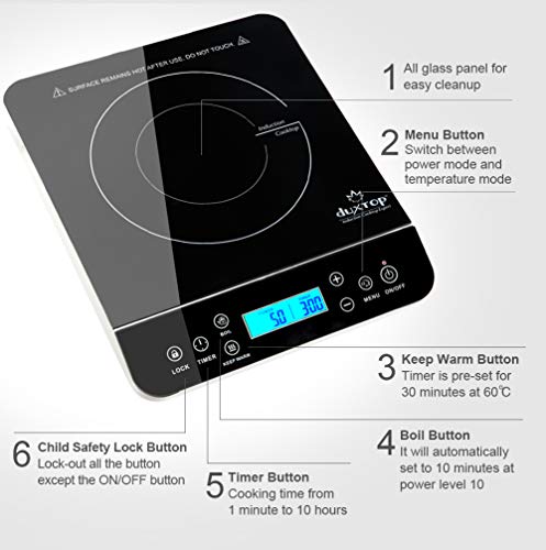Duxtop Placa de Inducción Portátil, 2100W Cocina Electrica Portatil, Hornillo Eléctrico, Panel de Control Táctil con Pantalla LCD, Temporizador de 10 Horas, Bloqueo de Seguridad, 9600LS