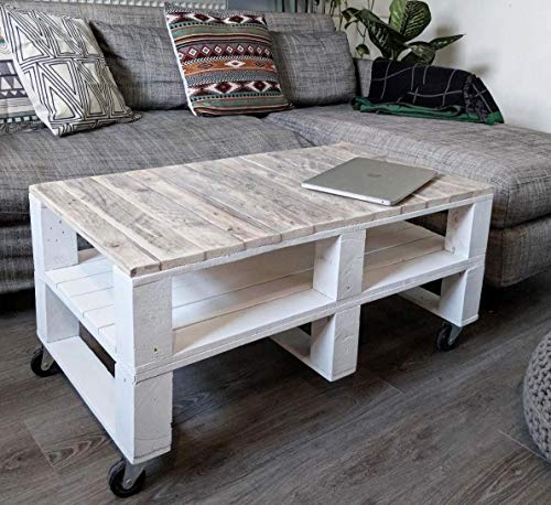 Dydaya Mesa de Palets Blanco y Madera - Medidas 90 x 45 x 40 cm & Mesitas & Mesas Moderna de Centro & Auxiliares de Madera de Pales & Alta