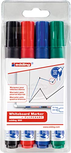 edding 660-4-S - Marcador para pizarra blanca, 4 unidades, colores negro, rojo, verde y azul