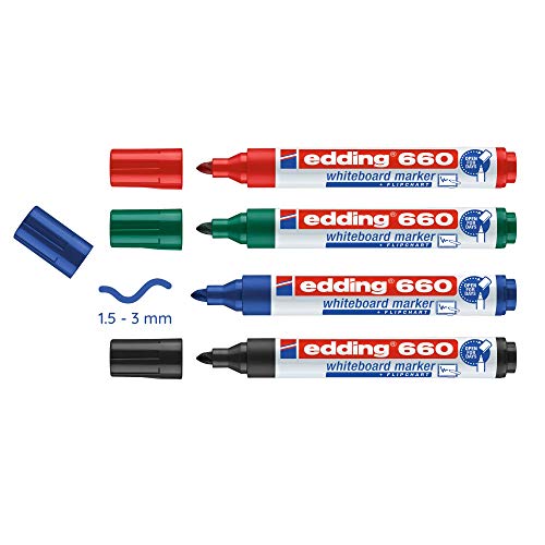 edding 660-4-S - Marcador para pizarra blanca, 4 unidades, colores negro, rojo, verde y azul