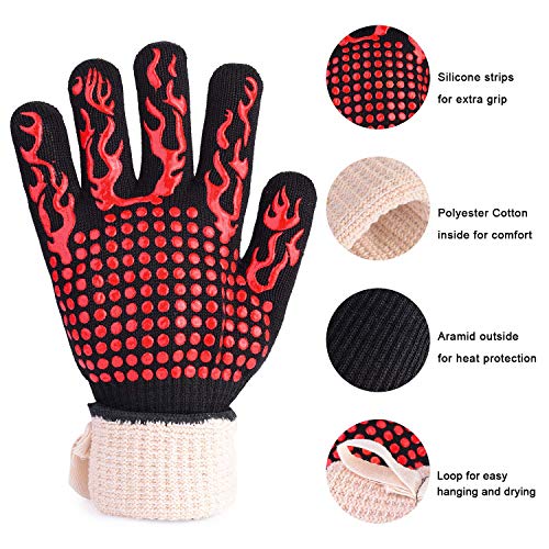 EKKONG Guantes de Barbacoa, Resistentes Al Calor Extremo Guantes de Cocina Antideslizante para Horno Microondas y Parrilla, EN407 Protege hasta 1472 ° F