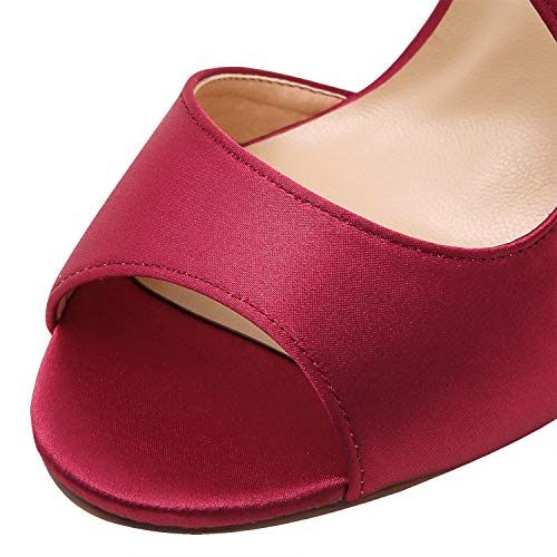 ElegantPark HP1565 Mujer Peep Toe Sandalias Boda Tacón De Aguja Correa De Tobillo Satén Zapatos De Novia Borgoña 38