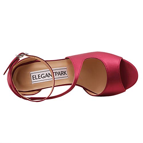 ElegantPark HP1565 Mujer Peep Toe Sandalias Boda Tacón De Aguja Correa De Tobillo Satén Zapatos De Novia Borgoña 38
