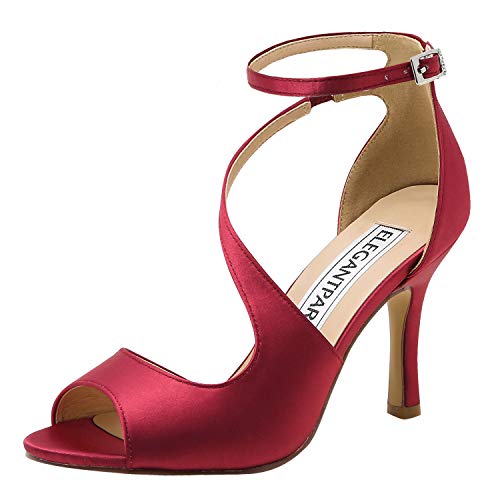 ElegantPark HP1565 Mujer Peep Toe Sandalias Boda Tacón De Aguja Correa De Tobillo Satén Zapatos De Novia Borgoña 38