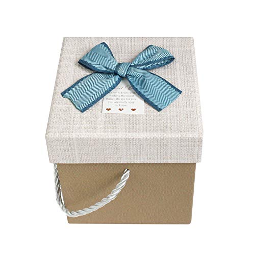 Emartbuy Rígido Lujo Caja de Regalo de Presentación Con Forma Cuadrada, Caja Marrón Claro Con Tapa Crema, Interior Marrón Chocolate Cinta Decorativa Azul