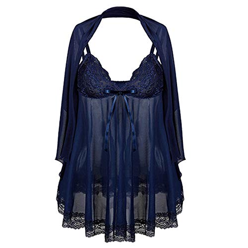 Encaje De Gran TamañO De Las Mujeres Ropa Interior EróTica Traje De Tres Piezas URIBAKY Sexy Malla TranslúCida Honda Profunda con Cuello En V Ropa De Dormir, Tanga Y Chal Conjunto De Ropa Interior