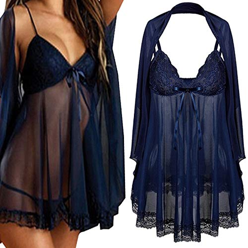 Encaje De Gran TamañO De Las Mujeres Ropa Interior EróTica Traje De Tres Piezas URIBAKY Sexy Malla TranslúCida Honda Profunda con Cuello En V Ropa De Dormir, Tanga Y Chal Conjunto De Ropa Interior