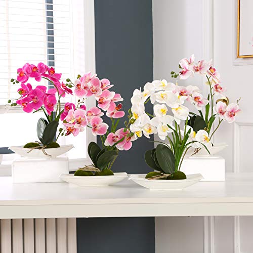 ENCOFT Flores Artificiales Plástico Flor de Phalaenopsis Realista Orquídea Mariposa con Maceta Imitación Cerámica Decoración