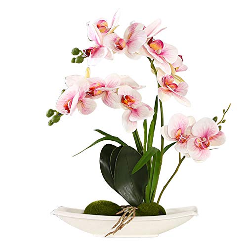 ENCOFT Flores Artificiales Plástico Flor de Phalaenopsis Realista Orquídea Mariposa con Maceta Imitación Cerámica Decoración