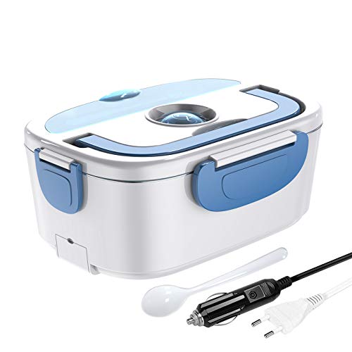 ERAY Fiambrera Eléctrica 220V 12V para Coche y Trabajo 40W 1,5L Recipiente Extraíble de Acero Inoxidable, 2 Compartimentos, Adecuado para Coche/Oficina/Escuela, Color Azul
