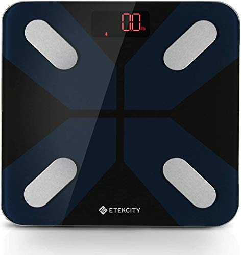 ETEKCITY Báscula de Baño Grasa Corporal Bluetooth, Pantalla LED (30 * 30 * 2,5 cm), 180 kg, Peso Corporal Inteligente de 13 Parámetro Esencials, Medición de Alta Precisión, para iOS y Android, ESF28