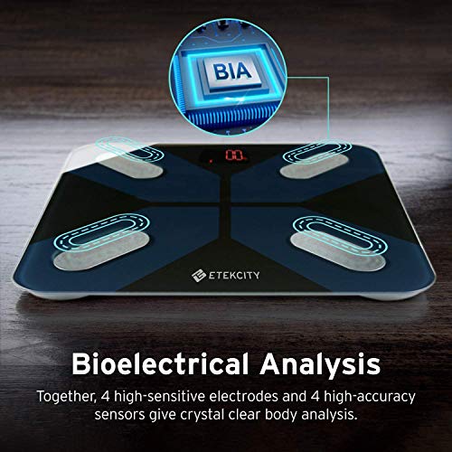 ETEKCITY Báscula de Baño Grasa Corporal Bluetooth, Pantalla LED (30 * 30 * 2,5 cm), 180 kg, Peso Corporal Inteligente de 13 Parámetro Esencials, Medición de Alta Precisión, para iOS y Android, ESF28