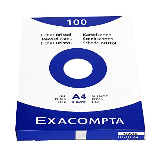 Exacompta Bristol - Tarjeta de registro, Liso, 210 x 297 mm, paquete de 100 tarjetas, Liso, Blanco, 210 x 297 mm, paquete de 100 tarjetas