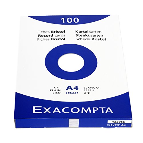 Exacompta Bristol - Tarjeta de registro, Liso, 210 x 297 mm, paquete de 100 tarjetas, Liso, Blanco, 210 x 297 mm, paquete de 100 tarjetas