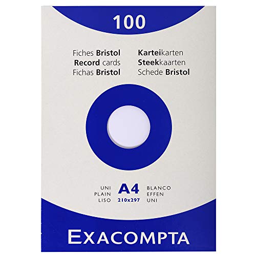 Exacompta Bristol - Tarjeta de registro, Liso, 210 x 297 mm, paquete de 100 tarjetas, Liso, Blanco, 210 x 297 mm, paquete de 100 tarjetas