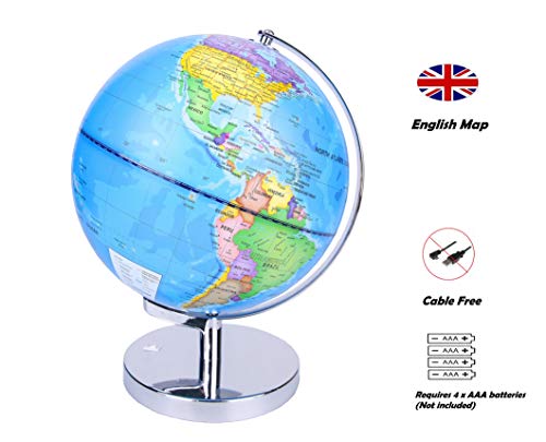 Exerz 23cm Globo terráqueo Iluminado- Soporte de Metal - Mapa de Ingles - Lámpara LED 2 en 1 iluminada sin Cable - Mapa político/ Estrella de constelación - Día y Noche (23cm)