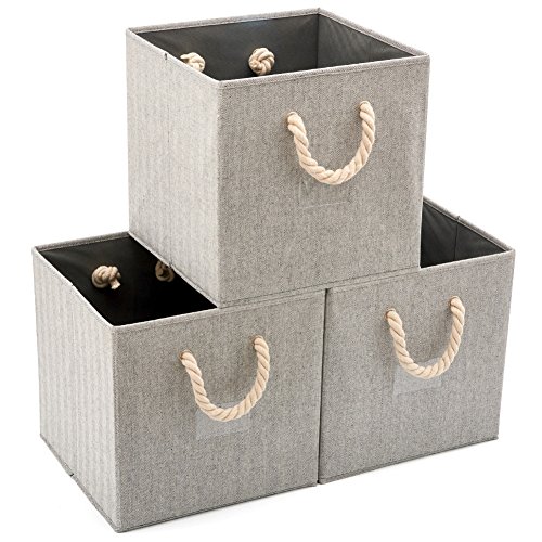 EZOWare 3 pcs Cajas de Almacenaje, Cubo Decorativa de Tela Plegable Resistente con Manijas para Ropa, Juguetes, Armario, Dormitorio, Estanterías y Mas - Color Gris (33x33x33cm)