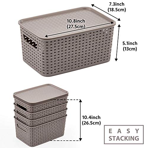 EZOWare 4 pcs Cestas de Almacenaje Multiuso con Tapas, Cajas Organizadoras de Plástico Apilable con Efecto de Mimbre y Asas para Cocina, Baño - Gris