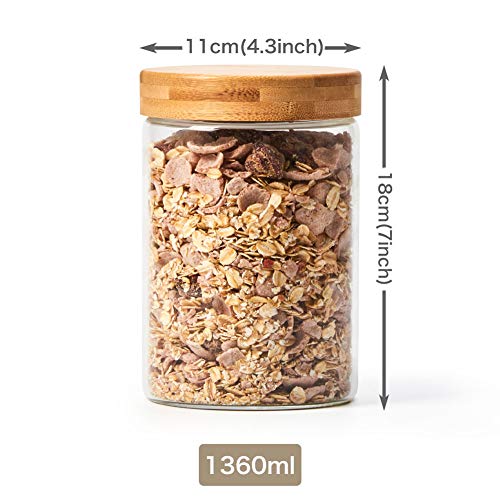 EZOWare 4 Pcs Tarros de Almacenamiento Recipientes Organizador de Vidrio Borosilicato con Tapa Hermético de Madera Bambu y Aluminio para Cocina o Baño - 1360ml