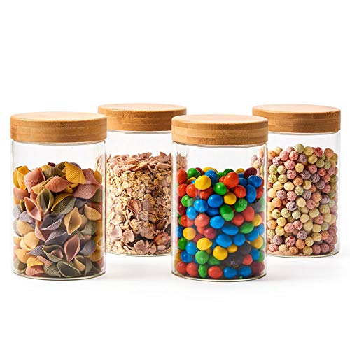 EZOWare 4 Pcs Tarros de Almacenamiento Recipientes Organizador de Vidrio Borosilicato con Tapa Hermético de Madera Bambu y Aluminio para Cocina o Baño - 1360ml