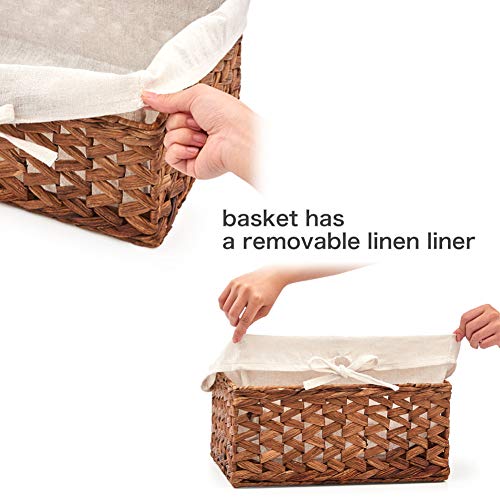 EZOWare Set de 3 Cestas de Almacenamiento de Mimbre de Natural Jacinto de Agua, Caja Organizadora Decorativo con Forro de Tela Extraíble Ideal para Baño, Cocina o Decoración del Hogar