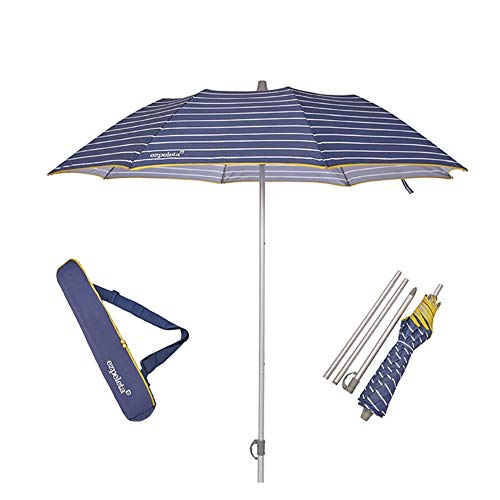 EZPELETA Sombrilla terraza. Parasol/Sombrilla de playa. Paraguas sol ligero y plegable de aluminio. Diámetro 155cm. Protección solar UPF 50+. Estampado rayas/marinero. Incluye funda/bolsa.- Rayas-Azul