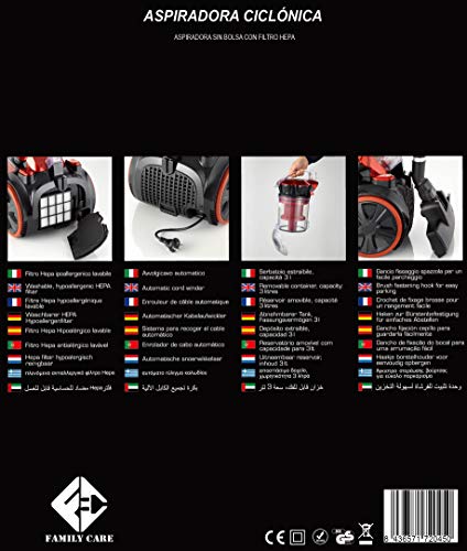 Family Care Aspirador ciclónico sin bolsa, depósito 3L, 700W, filtro HEPA hipoalergénico, Eficiencia energética A+++, color rojo-negro