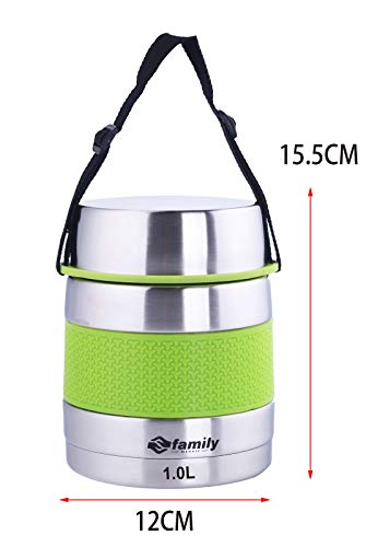 FAMILY Termo solidos,Termo para sólidos con 2 contenedores Acero Inoxidable，Color：Negro Verde, 1L. (Verde)