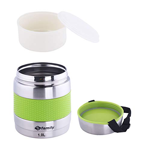 FAMILY Termo solidos,Termo para sólidos con 2 contenedores Acero Inoxidable，Color：Negro Verde, 1L. (Verde)