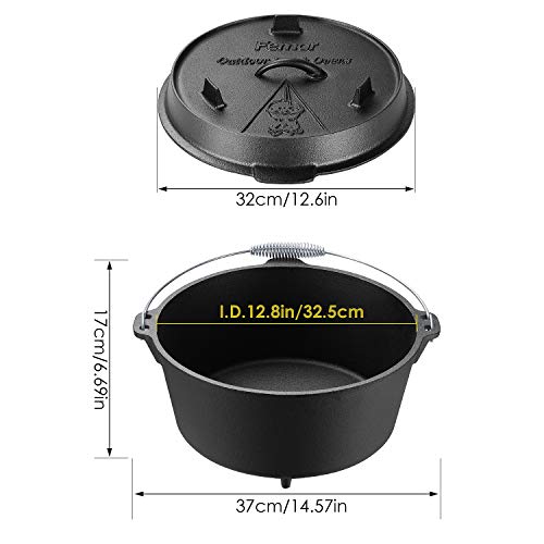 Femor Outdoor Dutch Oven, 8 Litros, Cacerola de Hierro Fundido con Patas, Horneada, Asador con Elevador de Tapa, Mango en Espiral y Ranura para Termómetro, para Barbacoa, Cocción, Asado y Horneado