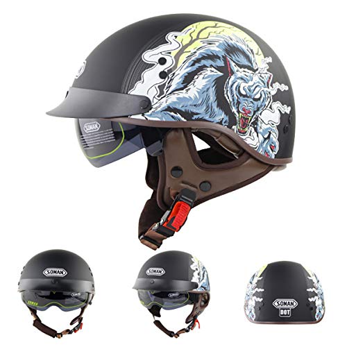 FIZZENN Modelo De Hombre Lobo del Crucero De Vespa Carcasa del Casco, De La Media Cara, Personalizado Entreabierta Casco Cafe Racer Bobber del Motorista Carcasa del Casco Cuatro Estaciones Cómodo,M