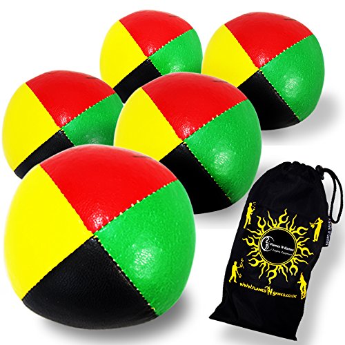 Flames 'N Games Juego de 5 Bolas de Malabares de Cuero de 4 Colores + Bolsa - ¡Pelotas de Malabares Profesionales para Todas Las Habilidades! (Rojo / Verde / Negro / Amarillo)