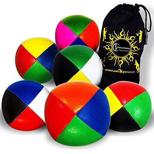 Flames 'N Games Juego de 5 Bolas de Malabares de Cuero de 4 Colores + Bolsa - ¡Pelotas de Malabares Profesionales para Todas Las Habilidades! (Rojo / Verde / Negro / Amarillo)