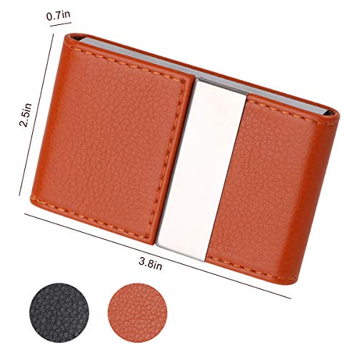 flintronic Tarjetero para Tarjeta de Visita | Soporte de Tarjeta de Crédito de Cuero PU, Estuche de Identificación de Acero Inoxidable Ultrafino | Hebilla Magnética Doble Abierta - Naranja