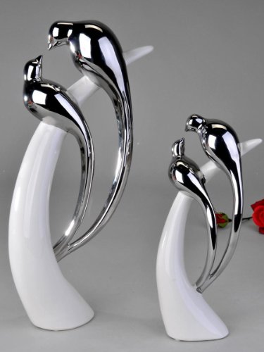 formano – Escultura de Pareja de pájaros de cerámica en Color Blanco/Plata Altura 30 cm