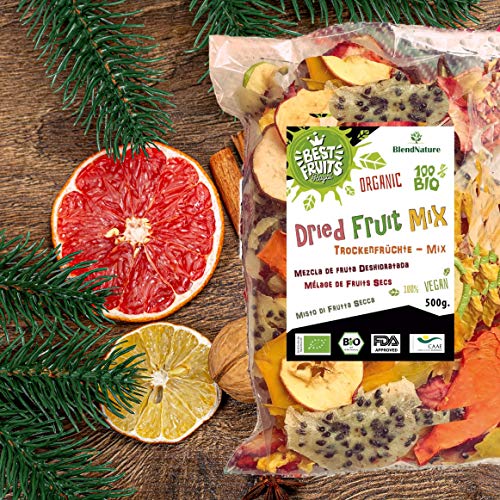 Fruta Deshidratada Sin Azucar Añadido Ecologica - MIX 10 Mango Naranja Platano Manzana Pera Kaki Melocoton Piña Melon Arandanos 500 gr- 100% BIO – Ideal para Pasteles Cocteles o Snack – Sin Gluten