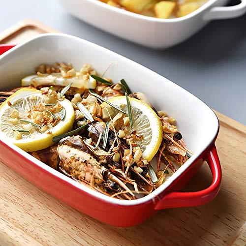 Fuente Horno Ceramica Rectangular fuente de horno de cerámica con la tapa del esmalte del color doble maneta queso arroz cocido al horno Plato Tazón de cerámica para lasañas, pasteles, tapas y más